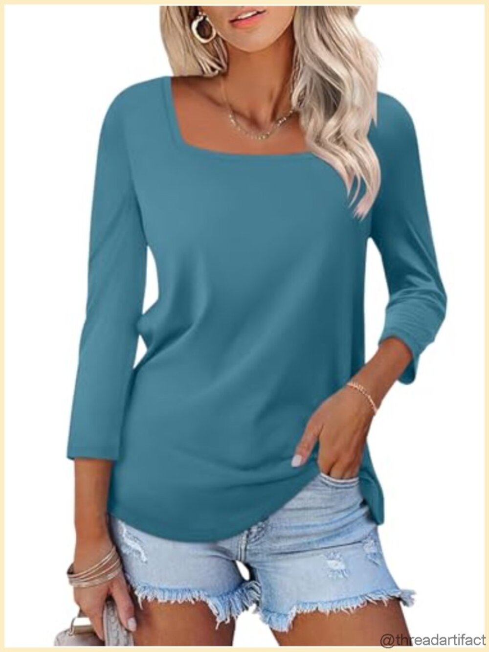 Womens 3/4 Sleeve Square Neck T-Shirt Loose Fit Casual Summer Top